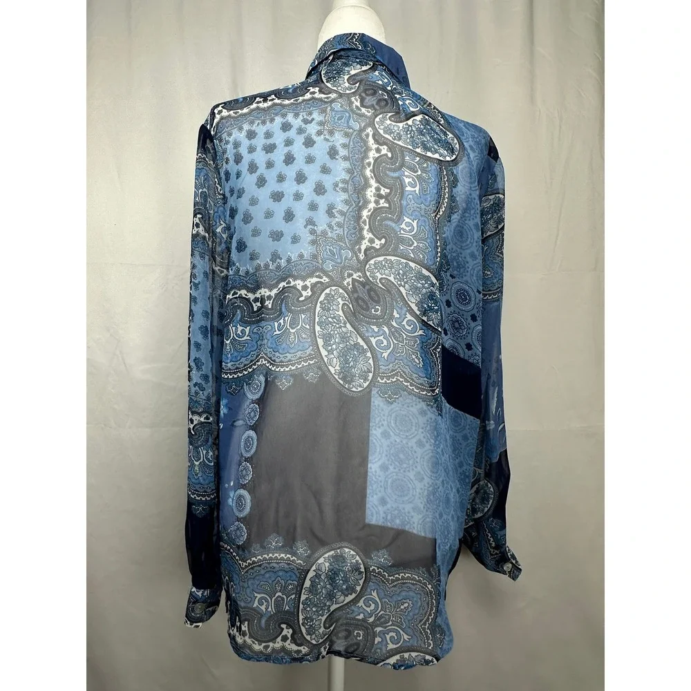 Impressions Blue Paisley Sheer Button Down Shirt Womens Large Long Sleeve Floral - Picture 2 of 8